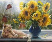 Без бренда «Подсолнухи в синей вазе возле кота» в Иркутске