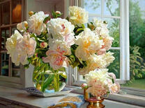 Без бренда «Ваза с букетом белых пионов у окна» в Иркутске