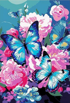 Голубые бабочки на розовых цветах